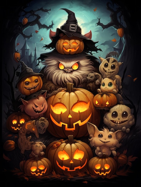 Adorable Halloween Monsters with Pumpkins and Bats