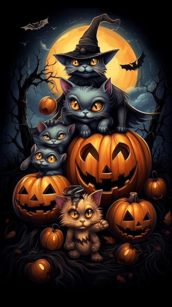 Adorable Halloween Monsters with Pumpkins and Bats