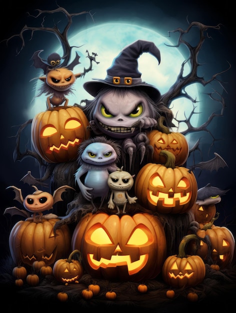 Adorable Halloween Monsters with Pumpkins and Bats