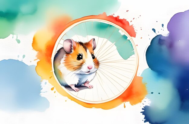 An adorable hamster illustrated with vibrant watercolor splashes in blue and orange