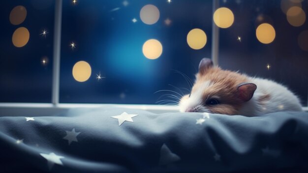 adorable hamster looking to the starry sky from window on the bed room background Generative AI