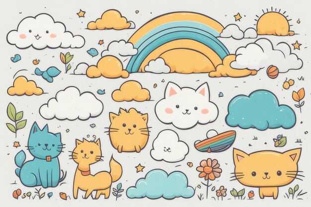 Adorable HandDrawn Doodles Featuring Cute Animals Elements and a Playful Rainbow