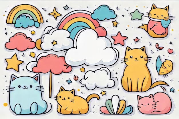 Adorable HandDrawn Doodles Featuring Cute Animals Elements and a Playful Rainbow