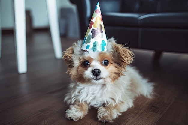 Adorable and happy dog with a birthday hat celebrating a party Generative AI