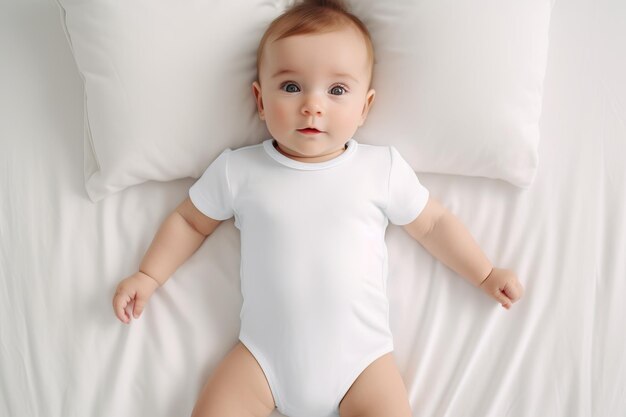 Adorable happy infant baby laying on white bed wearing white mock up design bodysuit