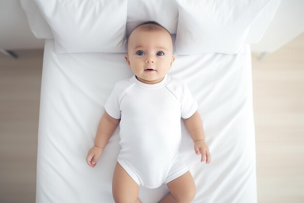 Adorable happy infant baby laying on white bed wearing white mock up design bodysuit