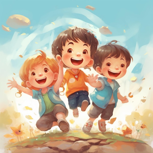 사진 수채화 일러스트레이션 에 나오는 사랑스러운 행복 한 아이 들