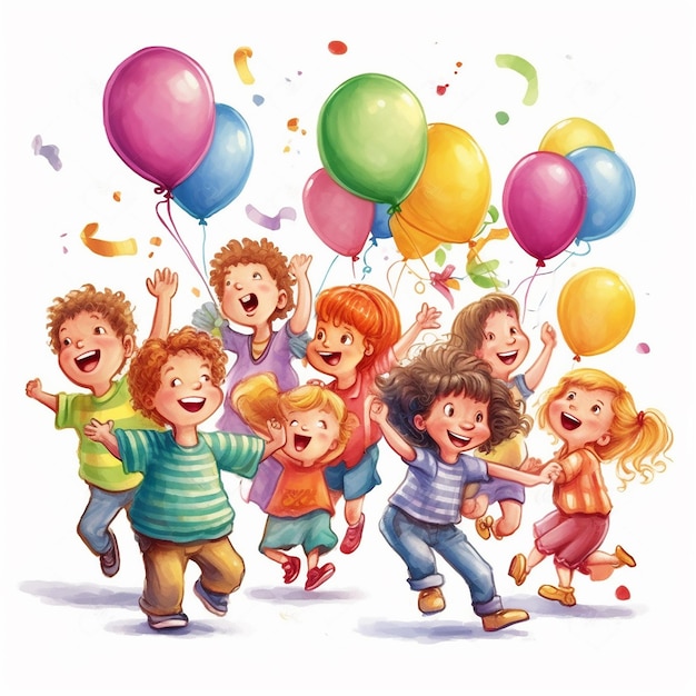 Photo adorable happy kids on watercolor illustration