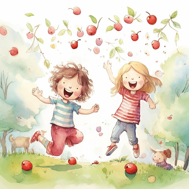 Adorable Happy Kids on Watercolor Illustration