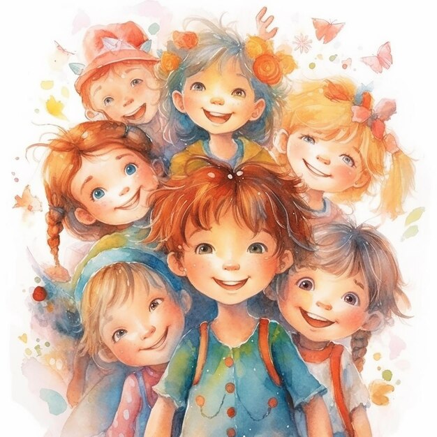 Adorable Happy Kids on Watercolor Illustration