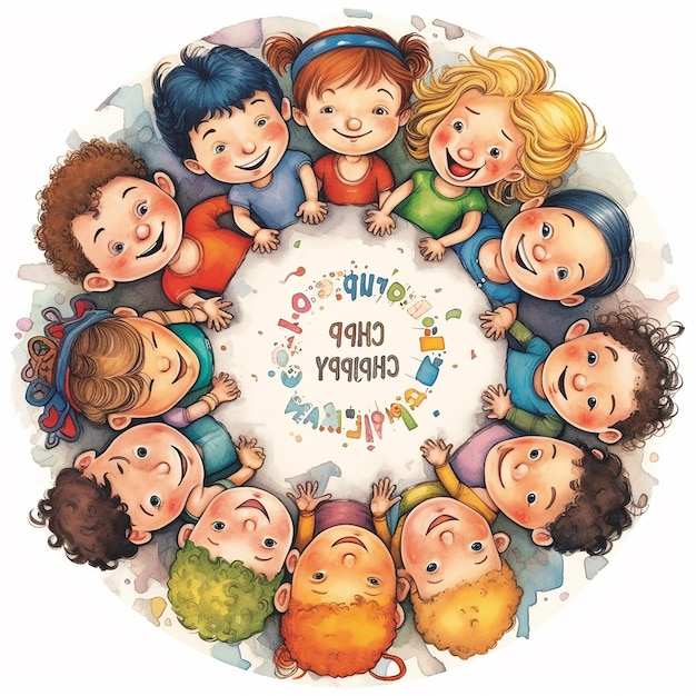 Photo adorable happy kids on watercolor illustration