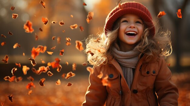 Foto adorabile bambina felice che gioca con le foglie di acero nel parco d'autunno