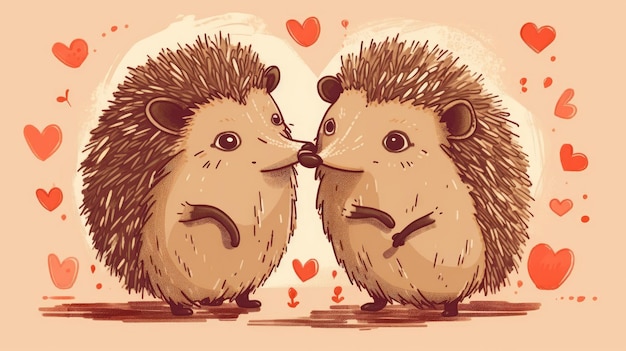 Adorable Hedgehog Couple in Love Holding Hearts