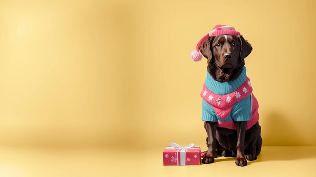 Прекрасный праздничный лабрадор-ретривер в рождественском наряде в светло-синих и розовых тонах