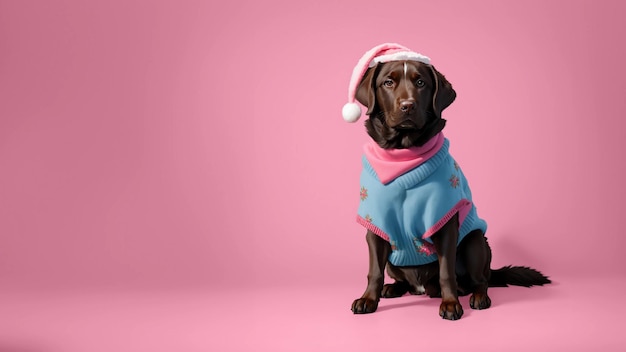 Photo adorable holiday labrador retriever in christmas outfit light blue and pink tones