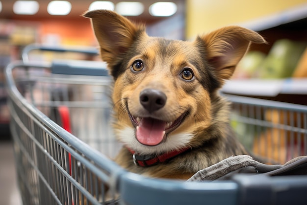 Adorable humorous puppy at the supermarket grocery shopping Generative Ai