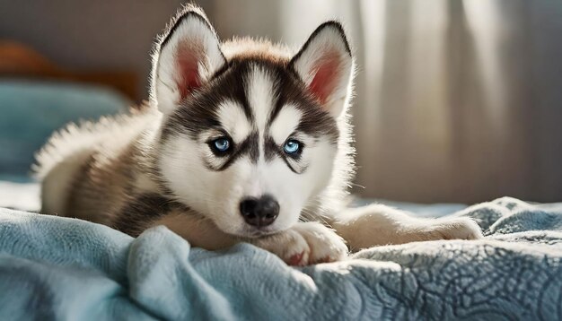 Adorable Husky Puppy Resting on Bed at Home a Heartwarming Scene of Husky Puppy Comfort