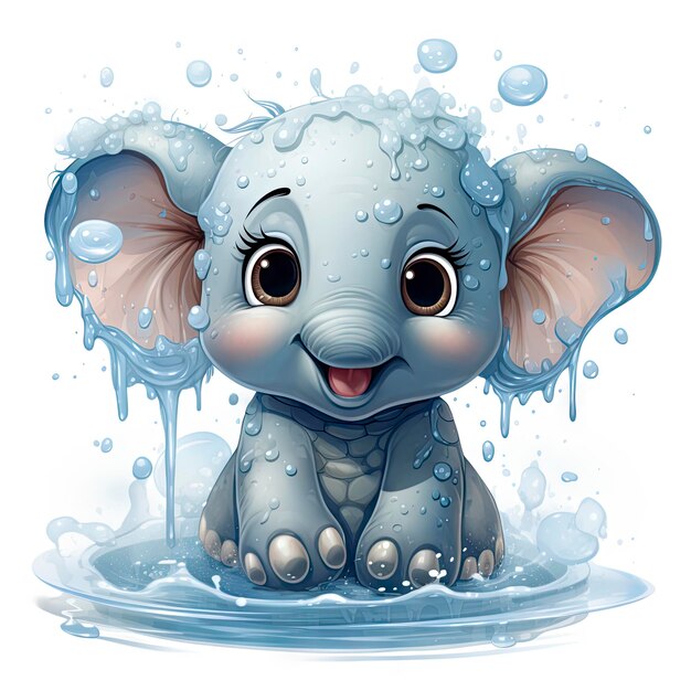 Adorable illustrated elephant splashing in water with glistening droplets and joyful expression on a