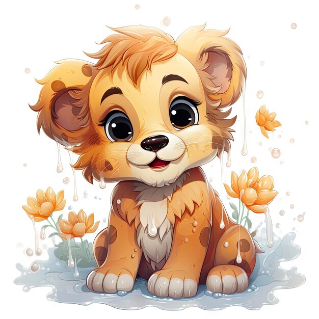 Adorable illustrated lion cub taking a bubbly bath showcasing playful innocence and vibrant details