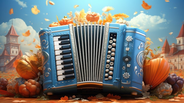 An adorable illustration of an accordion with dancing musical notes