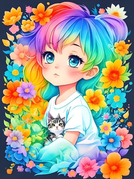 女の子と遊び心のある猫の愛らしいイラスト