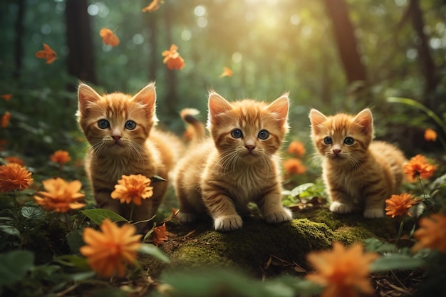the adorable illustration of kittens playing in the forest