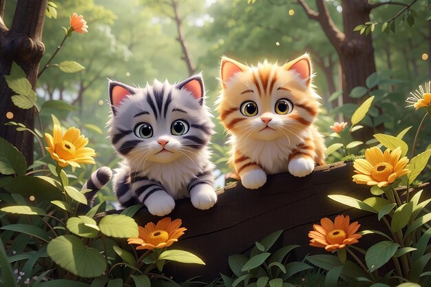 The adorable illustration of kittens playing in the forest