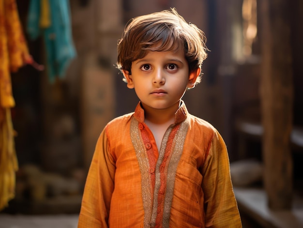 Photo adorable indian boy in vibrant kurtapajama with curious expression