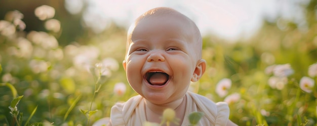 Adorable infant giggling in a soft focus closeup shot outside