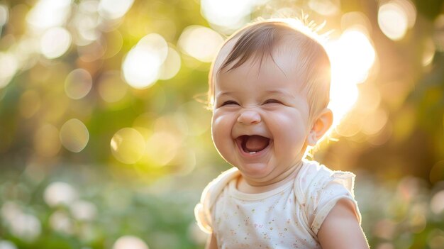 Photo adorable infant giggling in a soft focus closeup shot outside