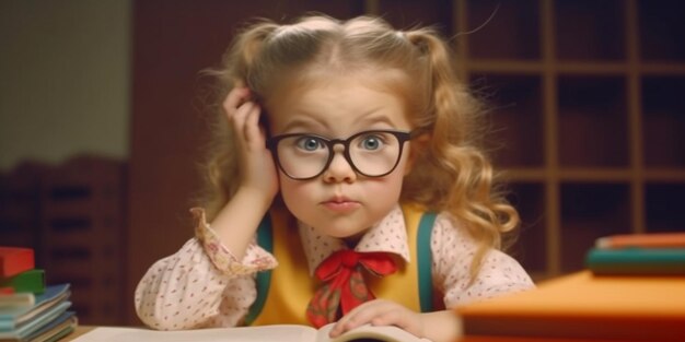 An adorable intelligent girl with glasses and an open book on the desk looking excited AI generated