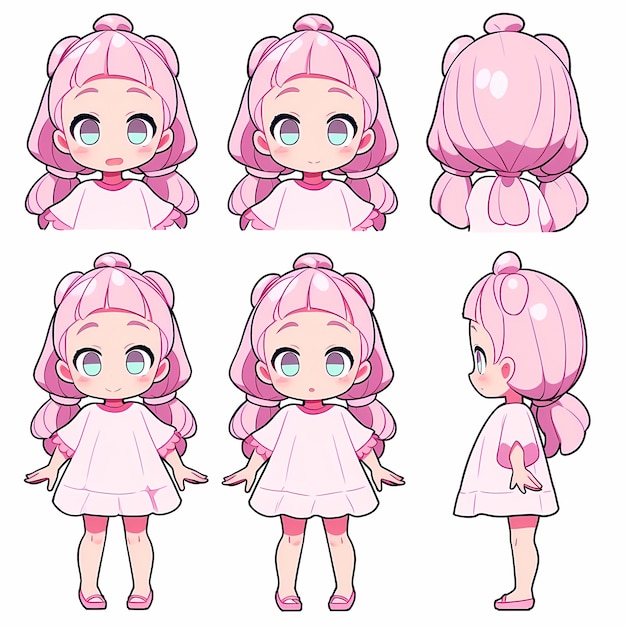 Foto adorabile kawaii chibi anime character model sheet art in cartoon giapponese carino