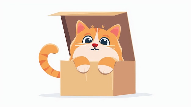 An adorable kawaii chubby fat cat trapped in a cardboard box Funny flat modern graphic illustration isolated on white background Cute funny kitty stuck in a cardboard box