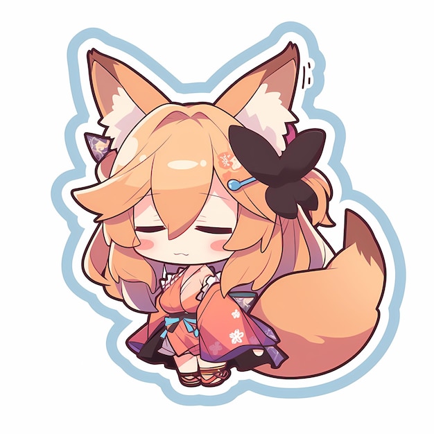 Adorable Kawaii Illustrated Chibi Anime Fox Girl Vector Art Sticker with Bold Line and Cute Pretty