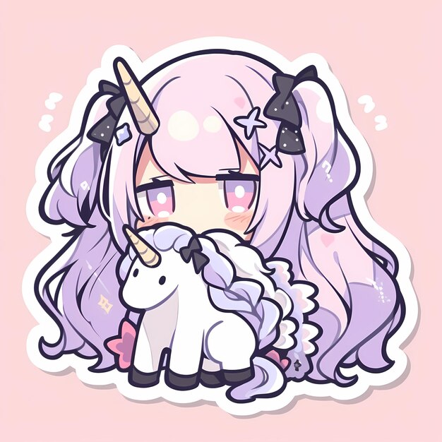 Adorable kawaii illustrated chibi anime unicorn girl vector art sticker with bold line and cute