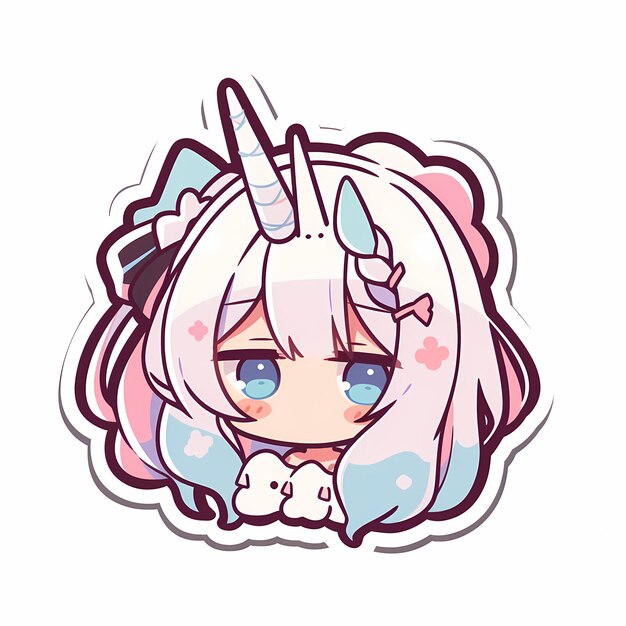 Adorable Kawaii Illustrated Chibi Anime Unicorn Girl Vector Art Sticker with Bold Line and Cute