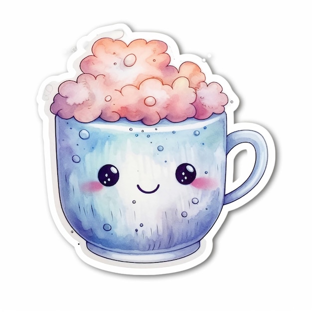 Adorable kawaii watercolor mug sticker with a cute smiling face and a whimsical pastelcolored frothy top perfect for cheerful designs