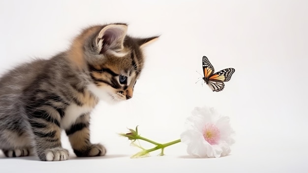Foto un adorabile gattino cattura una farfalla in una caccia giocosa