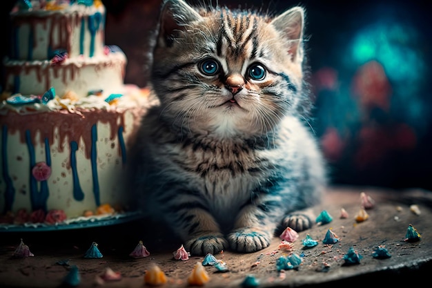 Adorable kitten celebrating a birthday Generative AI