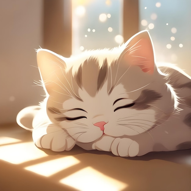 写真 日光の下で昼寝する愛らしい子猫 漫画かわいい子猫の笑顔