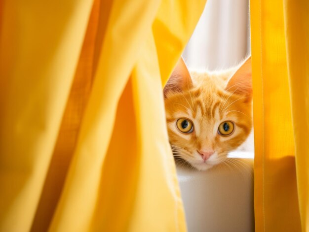 Adorable kitten peeking out from behind a curtain