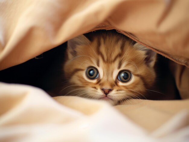 Adorable kitten peeking out from behind a curtain