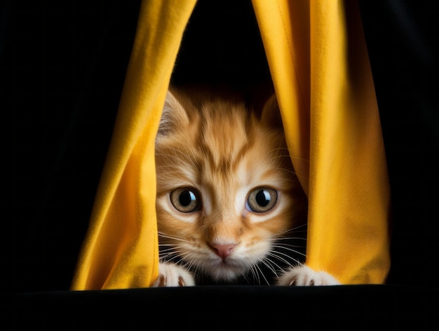 adorable kitten peeking out from behind a curtain