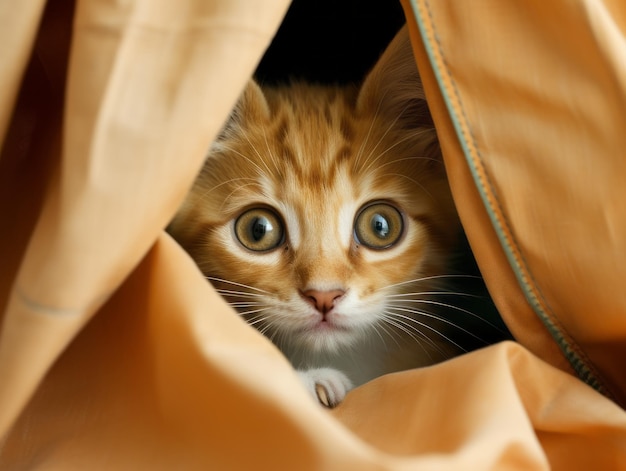 Adorable kitten peeking out from behind a curtain