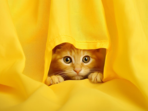 Adorable kitten peeking out from behind a curtain