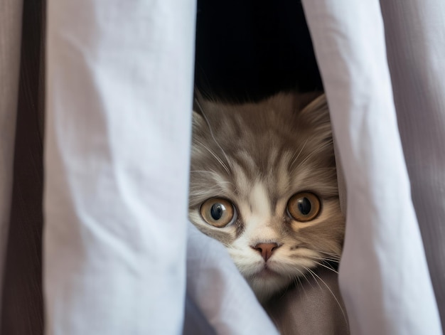 adorable kitten peeking out from behind a curtain