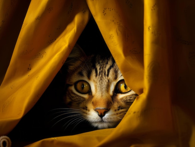 Adorable kitten peeking out from behind a curtain