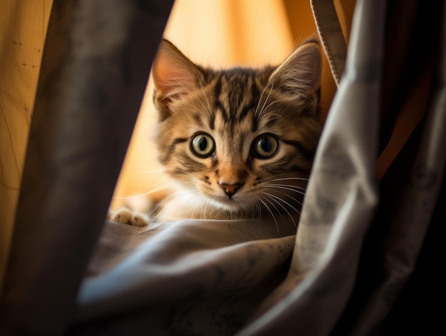 adorable kitten peeking out from behind a curtain