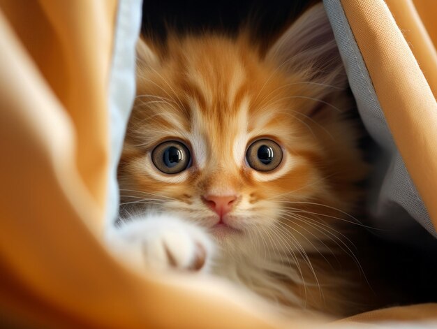 Adorable kitten peeking out from behind a curtain