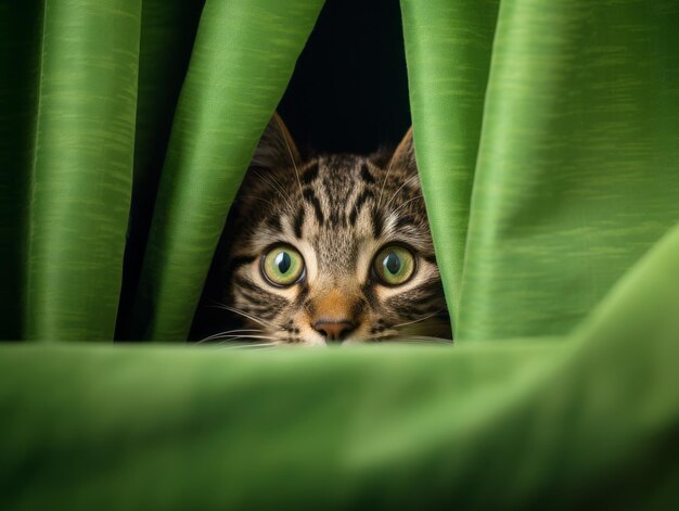 Adorable kitten peeking out from behind a curtain